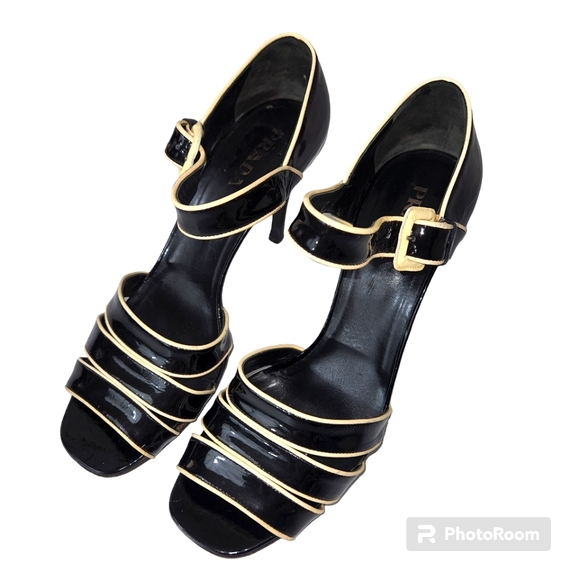 Prada Patent Leather Black Cream Heels Sandals Size EU 38 - Picture 1 of 16